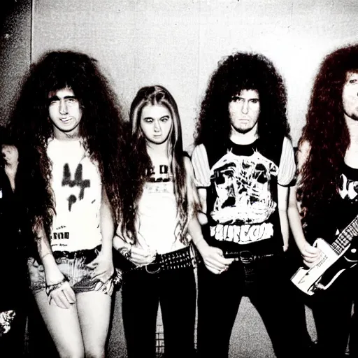 Image similar to Group of 19-year-old women holding electric guitars, long shaggy hair, permed hair, thrash metal, heavy metal, band promo photo, 1987 photograph