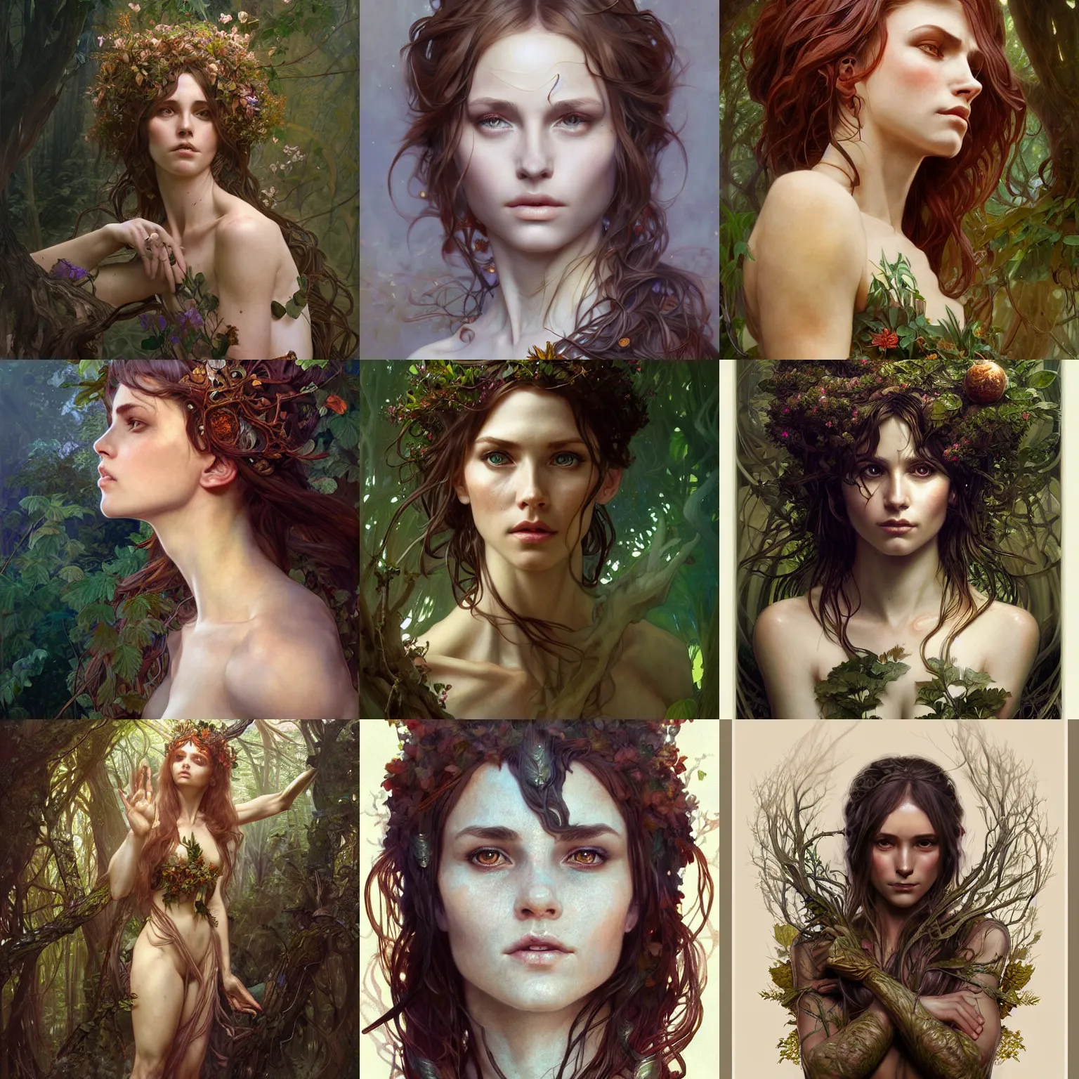 Prompt: Portrait of a dryad, upper body, intricate, wild, highly detailed, fantasy, digital painting, artstation, concept art, smooth, sharp focus, illustration, art by artgerm and greg rutkowski and alphonse mucha