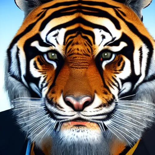 Image similar to portrait of a scientist man with a tiger head, ultra detail, ultra realistic, unreal engine 8 k