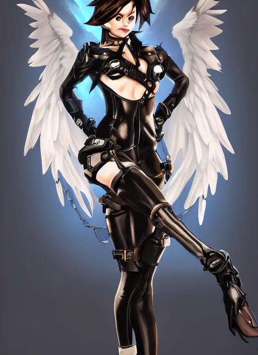 Image similar to full body artwork of tracer overwatch, wearing black latex outfit, in style of mark arian, angel wings, dramatic painting, wearing detailed leather collar, black shiny armor, chains, black harness, detailed face and eyes,