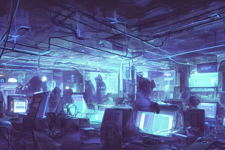 Prompt: an internet cafe in the underground, with soft blue light, a lot of wires on the floor, weirdcore, digital art, detailed, artstation hq