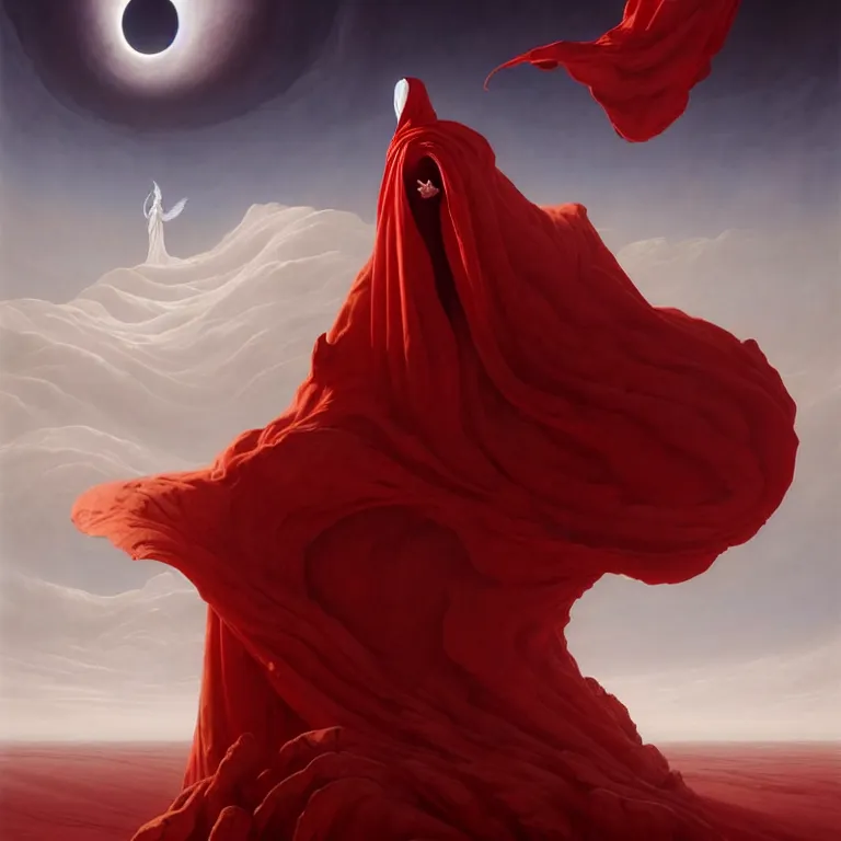 Image similar to one lone singular swirling otherworldly angelic figure shrouded in red robes emerges from extensive barren white dunescape, matte painting by peter mohrbacher and filip hodas, background basilica sacre coeur, godrays, high contrast, highly detailed, a