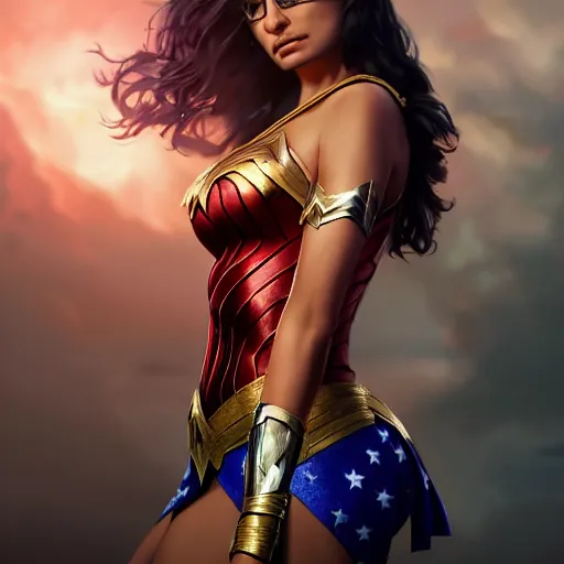 Prompt: a potrait of Mia Khalifa as Wonder Woman by Greg Rutkowski, Sung Choi, Mitchell Mohrhauser, Maciej Kuciara, Johnson Ting, Maxim Verehin, Peter Konig, Zack Snyder, 8k photorealistic, cinematic lighting, HD, high details, dramatic, trending on artstation,