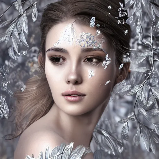 Image similar to a highly detailed digital image of a beautiful elegant woman wrapped in silver leaves, artstation, extremely detailed woman, stunning volumetric lighting, hyper realism, fantasy 4k,