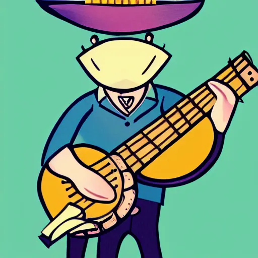 Prompt: an illustration of a alligator playing a banjo and wearing a cowboy hat