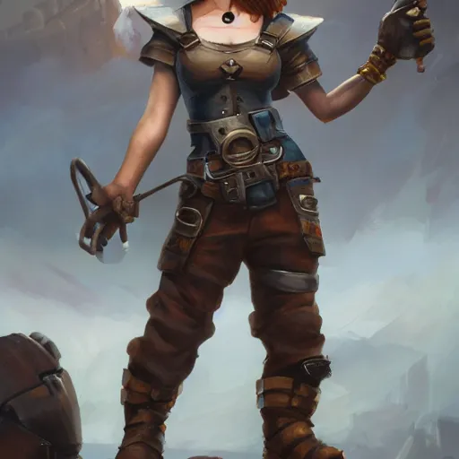 Prompt: scrappy female gnome mechanic with pixie undercut hair and one prosthetic metal gauntlet arm standing on a ship deck, naval background, fantasy, D&D, full body portrait, highly detailed, digital painting, HD, trending on ArtStation, dark fantasy, great composition, concept art, matte, sharp focus, illustration, art by artgerm and greg rutkowski