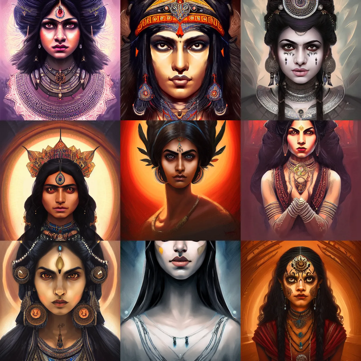 Prompt: head-on centered symmetrical painted portrait, Indian woman as a D&D Mage, black hair, dramatic lighting, intricate, fantasy, intricate, elegant, highly detailed, digital painting, smooth, sharp focus, illustration, dramatic lighting, artstation, in the style of Artgerm and Anna Podedworna