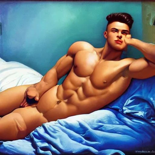 Prompt: photo shot of oiled up glossy 1 8 y. o. muscular genie with blue skin, posing in bed, morning sunlight, greek, dramatic, romantic, detailed, realistic, in style of j. c. leyendecker