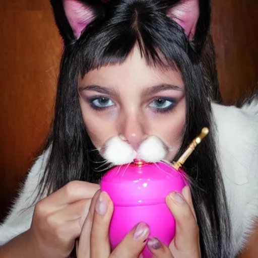 Image similar to a girl who looks like a cat smokes a hookah