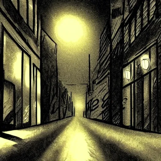 Image similar to A dark street with streetlights lighting it, a monster seems to be watching you from the darkness