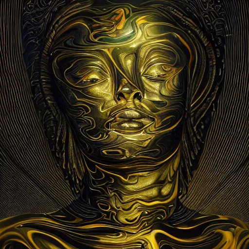 Prompt: epic illustration, abstract sculpture of beautiful female face silhouette and black swirling liquifying acrylic portrait, volumetric light, highly detailed, mechanical superstructure, sacred geometry, glowing edges, sad, hurt, beautiful light, statue of carving marble, dark colors, dark mood, cinematic light, golden spirals, clockwork, art by camille corot, zeng fanzhi