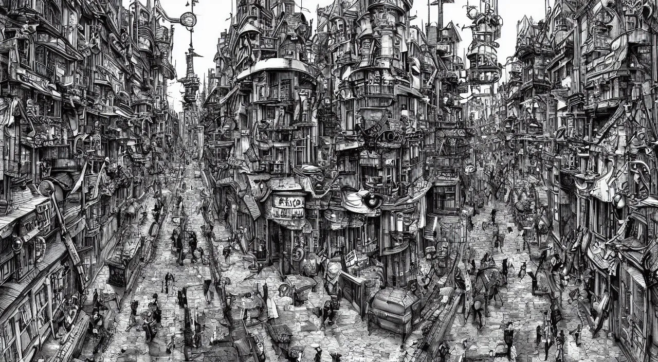 Image similar to steampunk city street by junji ito, trending on artstation