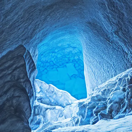 Image similar to deep dark glacier cave, faint blue glow,