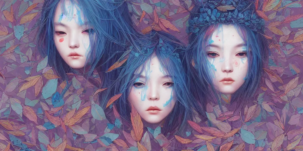 Image similar to breathtaking detailed concept art painting pattern of blue hair faces goddesses amalgamation autumn leaves with anxious piercing eyes, by hsiao - ron cheng and james jean, pastel colors, bizarre compositions, exquisite detail, 8 k