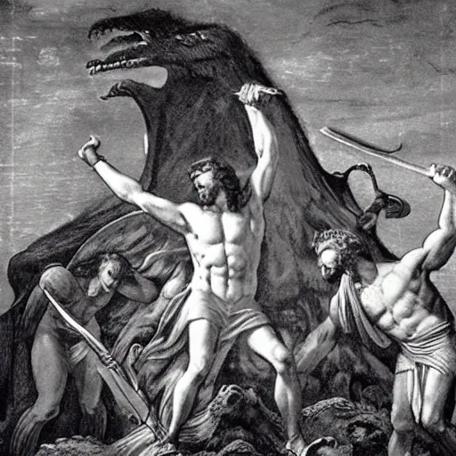 Image similar to The conceptual art depicts the mythical hero Hercules in the moments after he has completed one of his twelve labors, the killing of the Hydra. Hercules is shown standing over the dead Hydra, his body covered in blood and his right hand still clutching the sword that slew the beast. His face is expressionless, betraying neither the exhaustion nor the triumph that must surely accompany such a feat. Moulin Rouge!, x-ray photography by Jakub Rozalski relaxed, weary