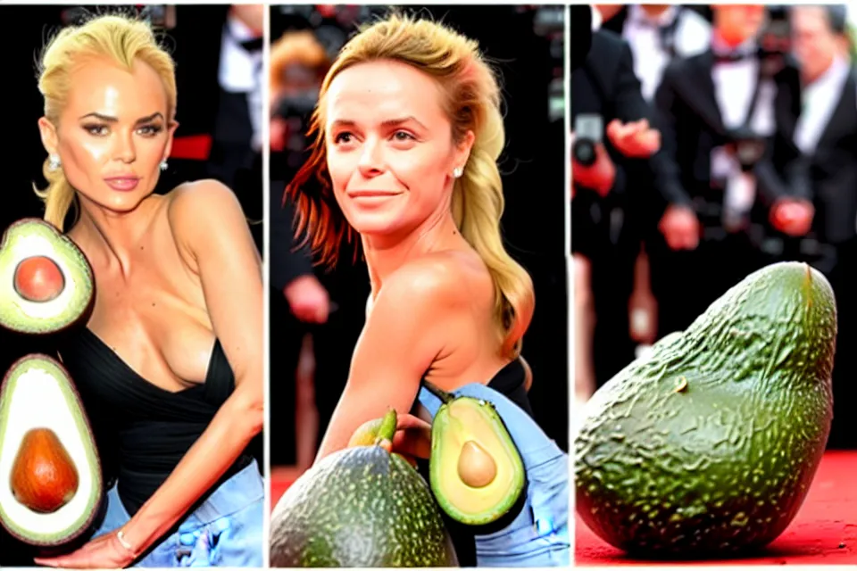 Image similar to bizarre celebrities on the red carpet rolling around in avocados