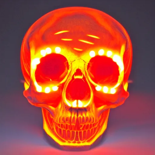 Prompt: real human skull with circular orange electronic led eyes in eye holes