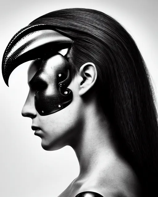 Image similar to a profile portrait, a stunning young woman - cyborg with a mutant crow head, editorial photography, bw, shot on 7 0 mm, depth of field, f / 2. 8, high contrast, 1 6 k, volumetric lighting, shiny, insanely detailed and intricate, hypermaximalist, elegant, ornate, hyper realistic, super detailed