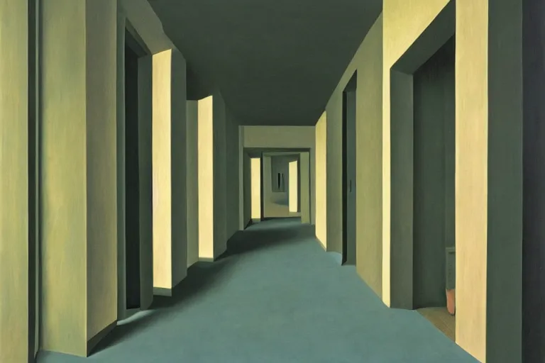 Prompt: hallway of doors by rene magritte, detailed painting, hd, hq, high resolution, high detail, 4 k, 8 k