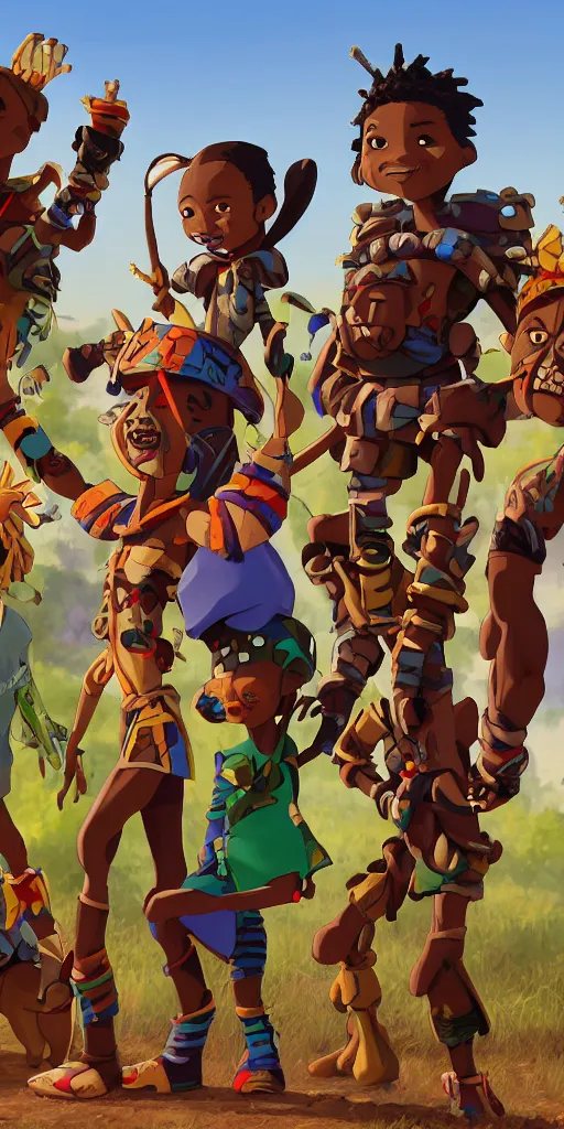 Image similar to a film still for a Sony Pictures animated movie, four kids wearing African tribal masks with graffiti war paint stand together in an open field in the middle of the city ready for battle, video game character design , fan art behance hd, medium shot, waist up, studio Ghibli, Pixar and Disney animation, sharp, Rendered in Unreal Engine 5, anime key art by Greg Rutkowski, Bloom, dramatic sunset lighting