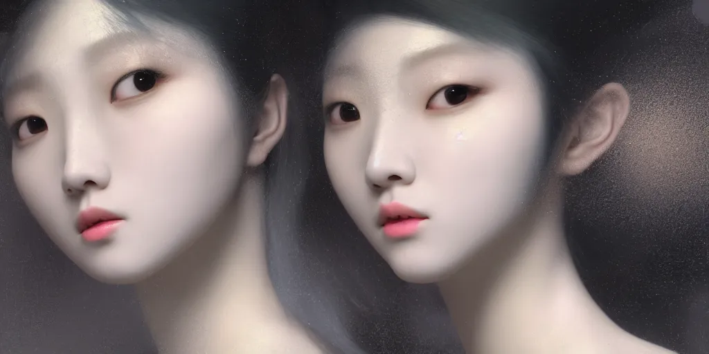 Prompt: a portrait of a very beautiful kpop goddess, seductive look, with hair radiating swirling paint and impasto by botticelli and caravaggio, background is volumetric displacement, 3 d render, hyperreal, subsurface scattering, arnold render, 8 k, houdini, xparticles