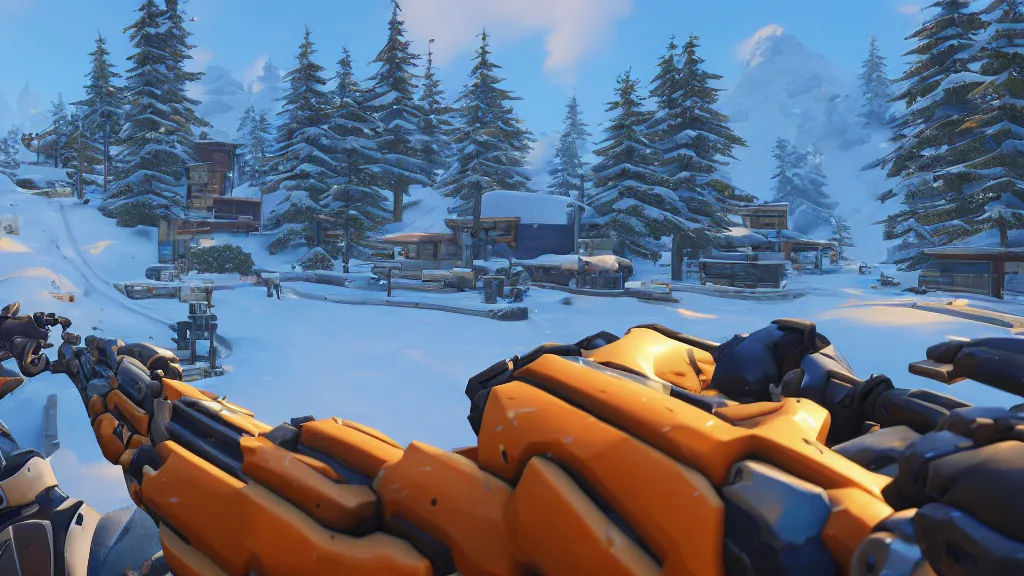 Image similar to Screenshot from Overwatch, at a ski resort