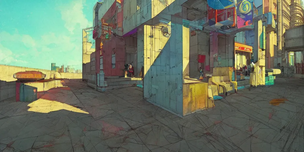 Image similar to neo brutralism, concrete housing, an archway, concept art, colorful, vivid colors, sunshine, light, shadows, reflections, oilpainting, cinematic, 3D, in the style of Akihiko Yoshida and Edward Hopper