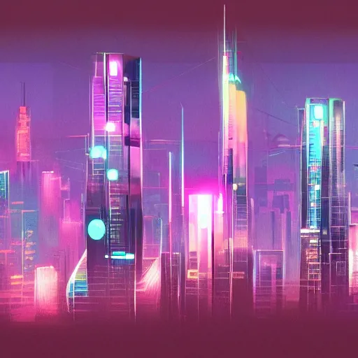 Image similar to Neon cyber city, bright, tall buildings, night time, digital painting, concept art, sharp focus, pixiv, artstation, 4k, by Robert Del Naja and Chris Cunningham and Andrew Jones