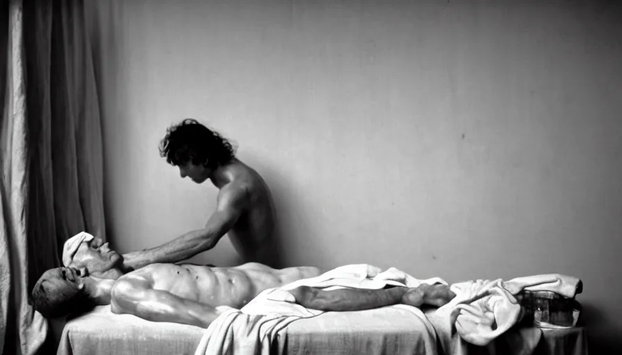 Prompt: movie still of jean - paul marat dead in a bath with drapery in a neoclassical corridor, a wound at the chest, cinestill 8 0 0 t 3 5 mm b & w, high quality, heavy grain, high detail, cinematic composition, dramatic light, anamorphic, ultra wide lens, hyperrealistic, by josef sudek