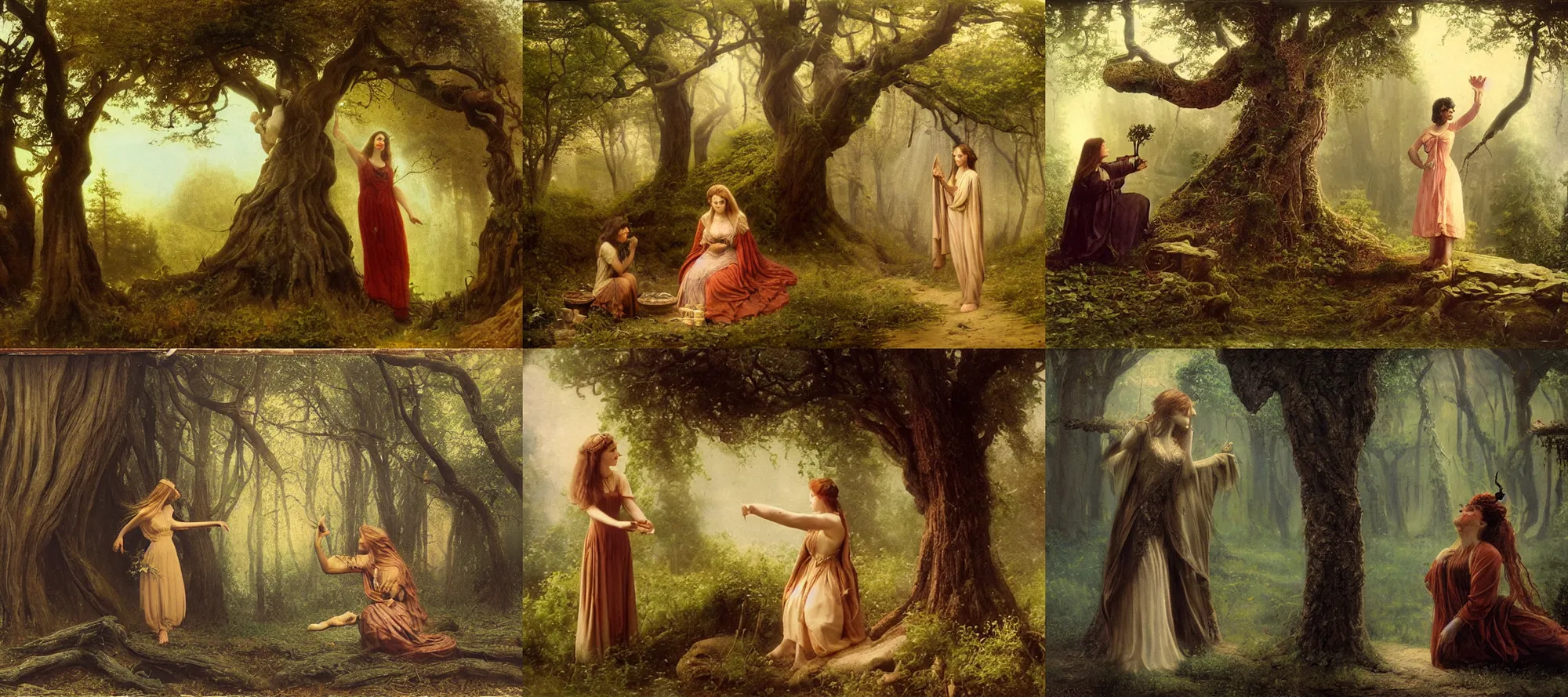Prompt: A dryad learns magic from an apprentice wizard, matte painting, 1870s