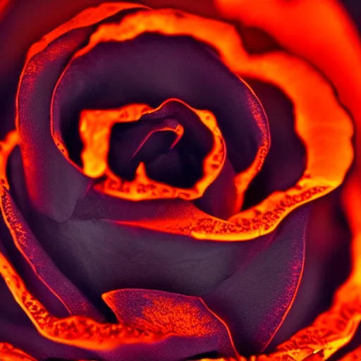 Image similar to award - winning macro of a beautiful black rose made of glowing molten magma