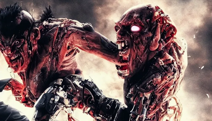 Image similar to Big budget movie about descarte's evil demon ripping out a cyborg's spine
