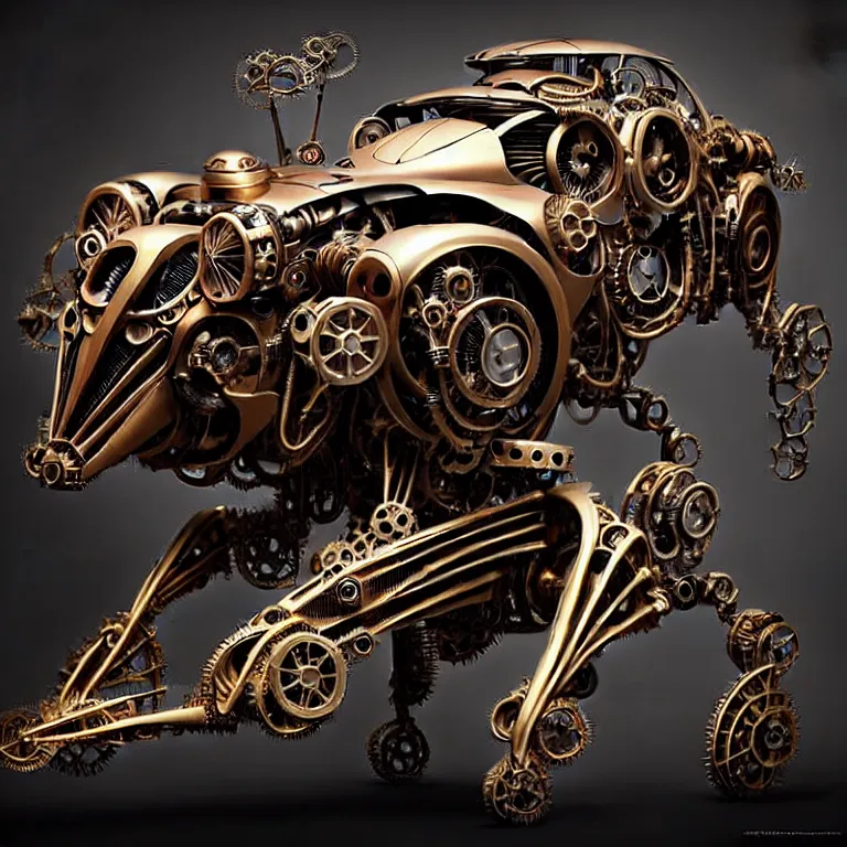 Image similar to biomechanical shiny steampunk vehicle reminiscent of very fast sportscar with robotic parts and (glowing) lights parked in ancient lush palace, gothic and baroque, brutalist architecture, ultradetailed, creepy ambiance, fog, artgerm, giger, Intricate by Ellen Jewett and Josan Gonzalez and Giuseppe Arcimboldo