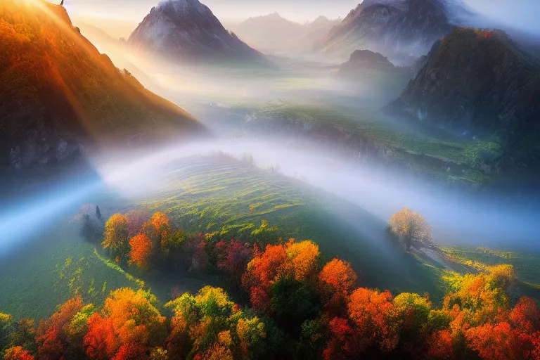 Image similar to landscape photography of copacul lui bezergheanu by marc adamus, morning, mist, rays of light, beautiful