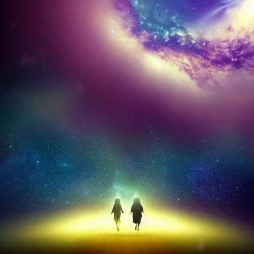 Image similar to dreamy vision of ghosts walking through milky way galaxy, epic, cosmic