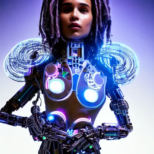 Prompt: beautiful Fine art photo of Zoe Kravitz as a solarpunk robotic goddess, white mechanical parts with led lights, photorealistic, centered, highly detailed and intricate, sun lighting, 8k