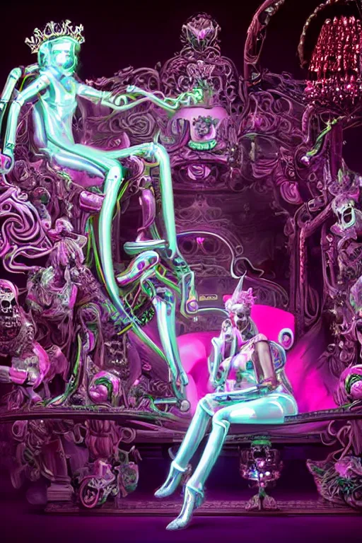 Image similar to full-body rococo and cyberpunk style neon statue of a young attractive portugues macho dotado e rico android sim roupa reclining con las piernas abertas e la piroca dura, glowing white laser eyes, prince crown of pink gears, diamonds, swirling silver-colored silk fabric. futuristic elements. full-length view. space robots. human skulls. intricate artwork by caravaggio. Trending on artstation, octane render, cinematic lighting from the right, hyper realism, octane render, 8k, depth of field, 3D