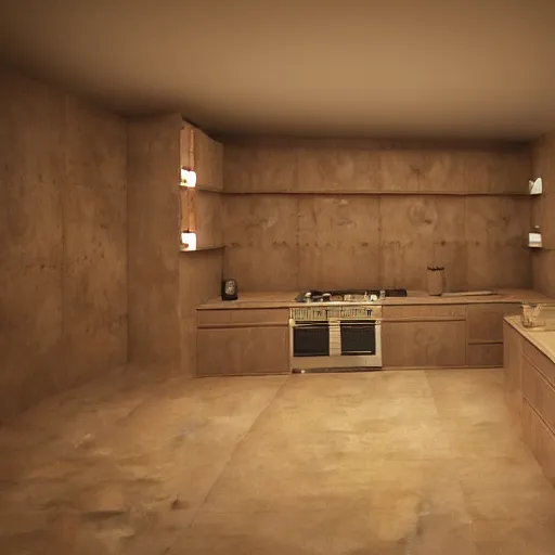 Image similar to a 3d render of a kitchen covered in brown paper bags, in style of hr giger, artstation, unreal engine