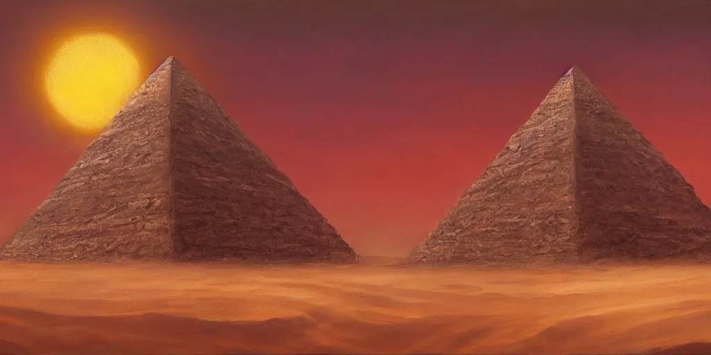 Image similar to an oil painting of a pyramid in in a post apocalyptic desert and a dark red sun, fantasy,hyper realistic, atmospheric lighting, cinematic, 8k,