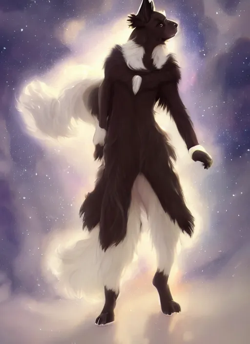 Prompt: beautiful wide angle full body portrait of a cute male anthropomorphic anthro border collie fursona wearing an evening gown in outer space, character design by charlie bowater, henry asencio, and ross tran, scenic background, detailed, glamor pose, aesthetic, furry, trending on artstation, furaffinity, deviantart