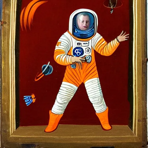 Image similar to a medieval style painting of an astronaut in space wearing an orange space suit