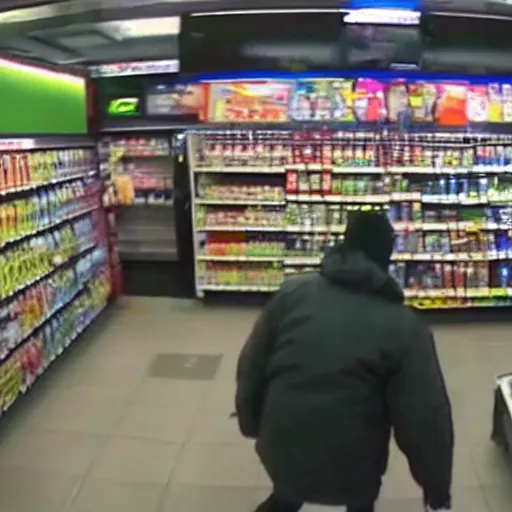 Prompt: cctv cam footage of The Predator robbing a convenience store