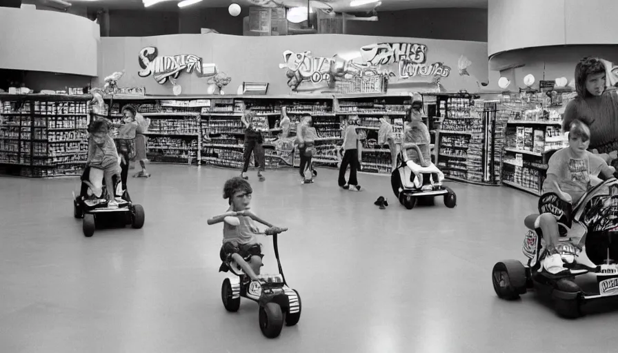 Image similar to 1990s photo of inside the Boring News Grown up errands ride at Universal Studios in Orlando, Florida, children riding on tiny minivans go-carts through a fake grocery store course , flying soccer balls, cinematic, UHD