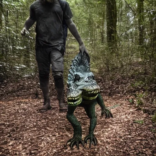 Image similar to werecreature consisting of a alligator and a human, werealligator, photograph captured in a dark forest