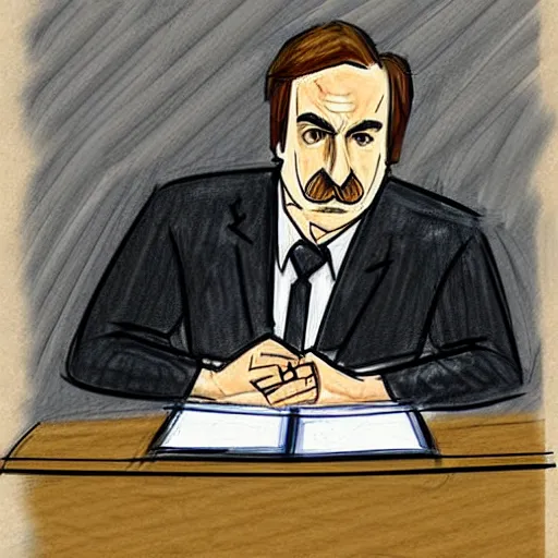 Prompt: court sketch of saul goodman, with trimmed mustache, wearing glasses, wearing prison jumpsuit, testifying during trial, sketch by jeff kandyba, marilyn church