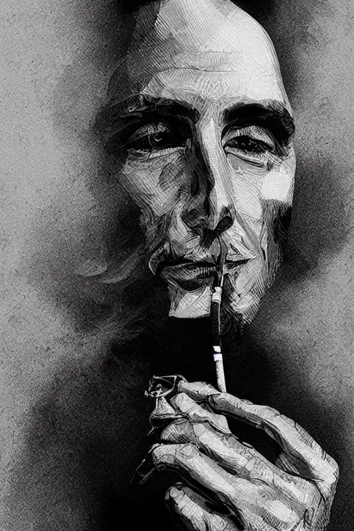 Image similar to hyperdetailed portrait of a man smoking a cigarette, by nicholas delort, artstation, smooth, graphic black and white. intricate, elegant, central composition, golden ratio,