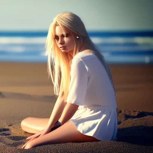 Prompt: a woman sitting at the beach with long blonde hair, straight hair, white clothes, professional, photograph, highly detailed, beautiful face, elegant, 4k, photorealistic, cinematic lighting, trending on social media,