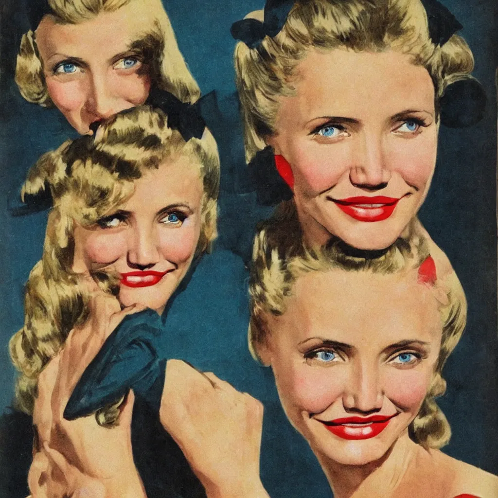 Image similar to Cameron Diaz portrait, color vintage magazine illustration 1950