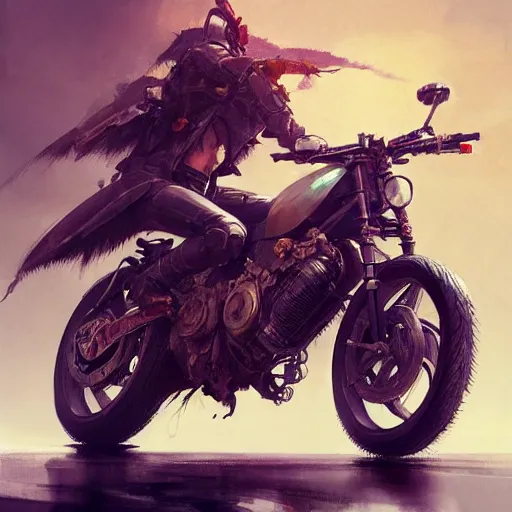 Image similar to concept art of motorcycle, highly detailed painting by dustin nguyen, akihiko yoshida, greg tocchini, greg rutkowski, cliff chiang, 4 k resolution, trending on artstation, 8 k