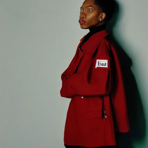 Image similar to realistic photoshooting for a new balenciaga lookbook, color film photography, portrait of a beautiful woman, model wearing a workwear jacket, by photo in style of Tyler Mitchell, 35mm,